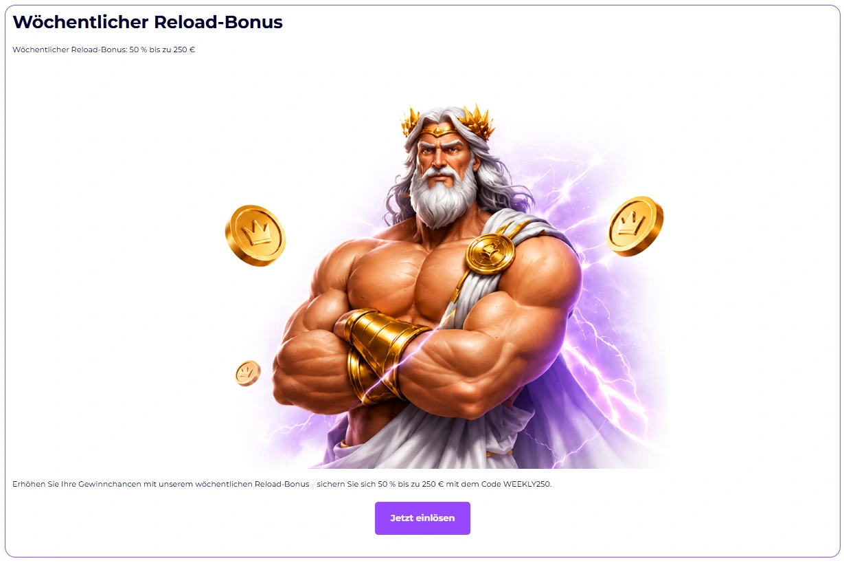 Slotroyals Casino wöchentlicher Reload-Bonus mit 50 Prozent bis 250 Euro