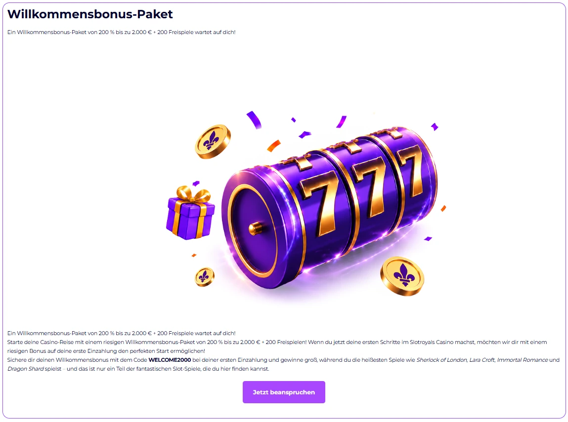 Slotroyals Casino Willkommensbonus mit 200 Prozent bis 2.000 Euro und 200 Freispielen