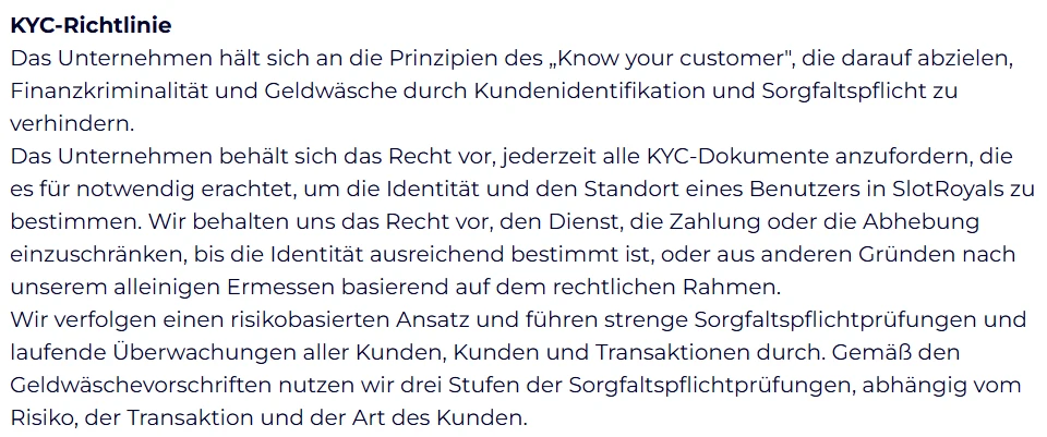 Slotroyals Casino KYC-Richtlinie und Anforderungen zur Identitätsprüfung