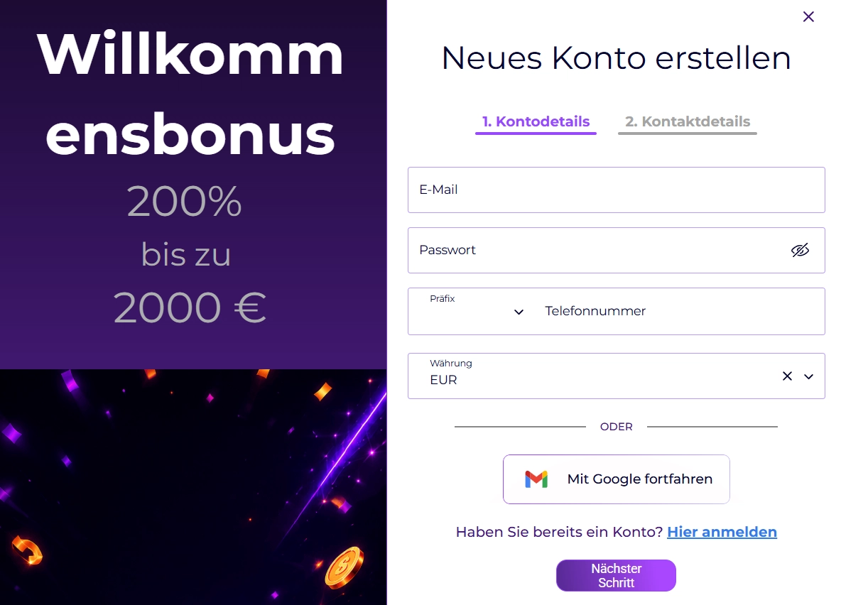 Slotroyals Casino Registrierung mit Formular zur Kontoeröffnung und 200-Prozent-Willkommensbonus