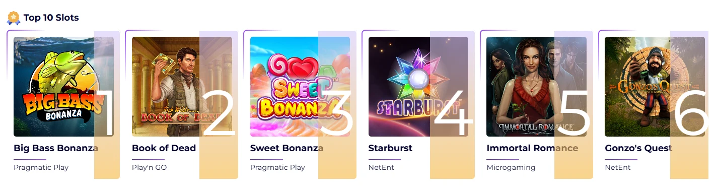 Slotroyals Casino Top 10 Slots mit Big Bass Bonanza, Book of Dead und Sweet Bonanza
