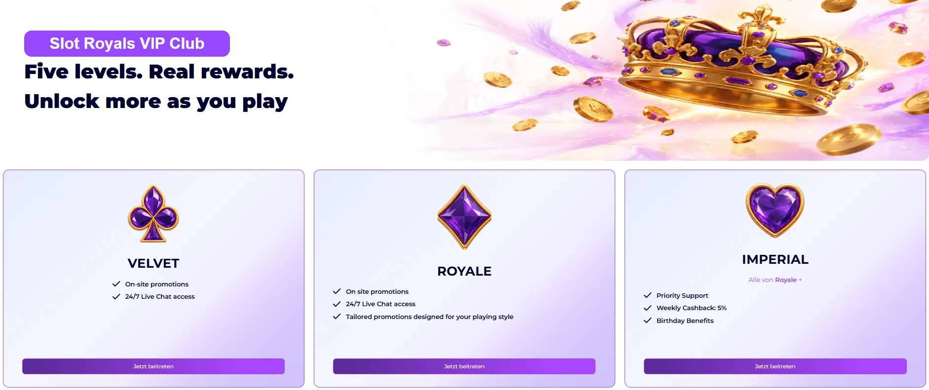Slotroyals Casino VIP-Club mit fünf Stufen und verschiedenen Vorteilen